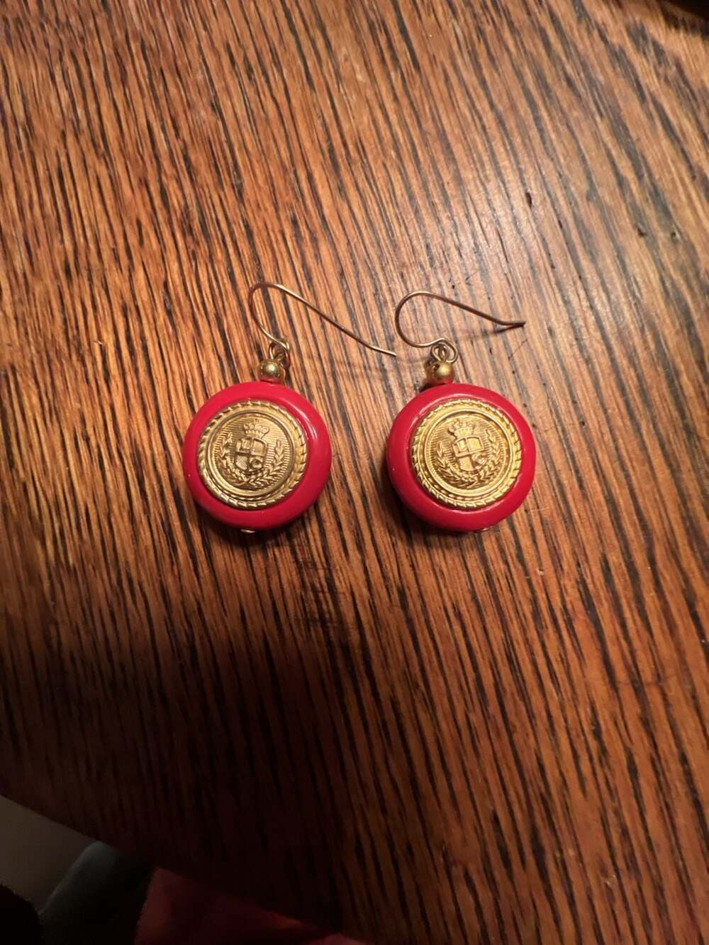 Liz Claiborne Red and Gold Crest Dangle Earrings
